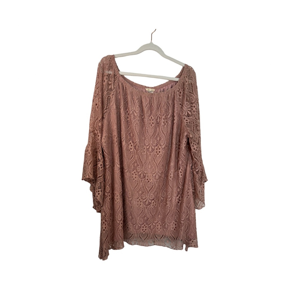 Brittany Black Lace Overlay Peasant Top. Dusty Pink Size 3X Romantic Feminine
